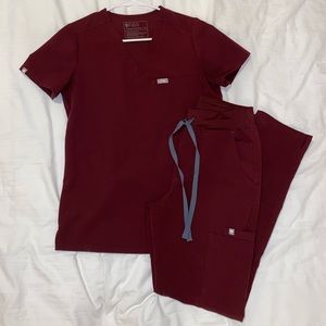 FIGS Set- Catarina One-Pocket Top & High Waisted Yola Skinny Pants (Burgundy)